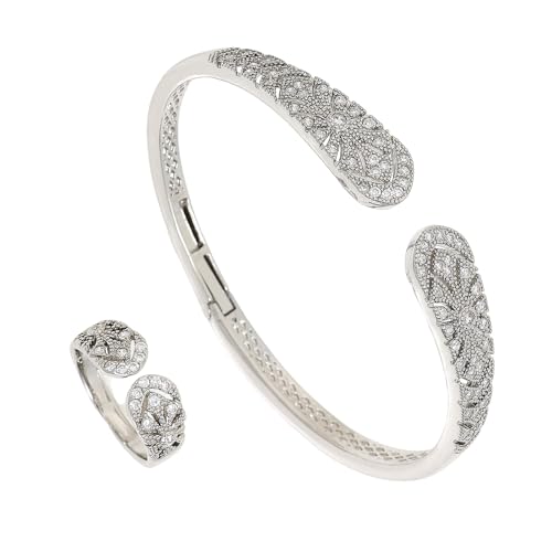 FIRSTXIU Delicate Schmuckset Moderne Ringe Einstellbare Offene Manschettenknopf Braut Schmucklegierung Textur Für Raffinierte Outfits Elegante Ringe Und Armband von FIRSTXIU