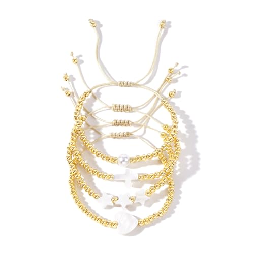 FIRSTXIU Elegante Frauenschmuckset Von 4 Goldenen Stabilen Perlenarmbändern Mit Herzstern Kreuzt Charme Und Verstellbare Designs. von FIRSTXIU