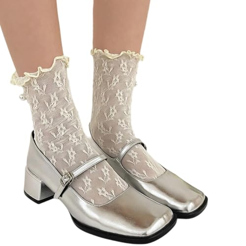 FIRSTXIU Frauen Koreanischen Stil Ausgehöhlten Blumenspitzen Rüsche Rüste Socken Elegante Perlenperlen Mesh Mittlere Röhrchen Kalb Rüschenverkleidungskalb von FIRSTXIU