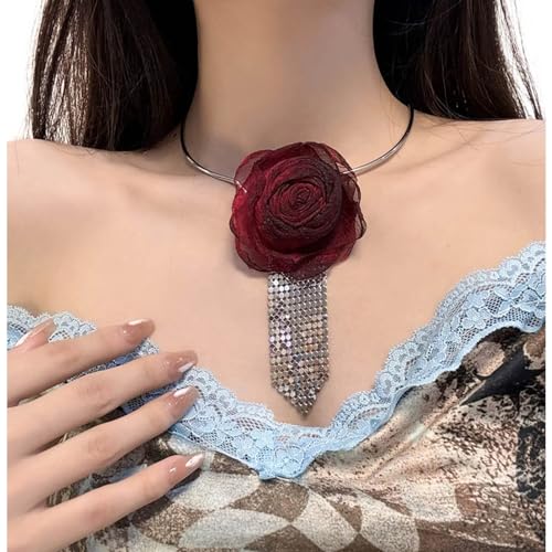 FIRSTXIU Frauen Modische Funkelnde Pailletten Kleine Krawatte Mit Mesh Rose Halskette Halskette Schmuck Für Nachtclubpartys Tanzkrawatte von FIRSTXIU