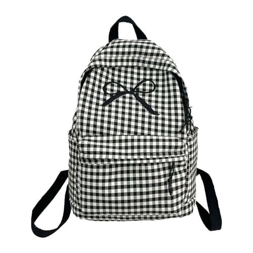 FIRSTXIU Japanische Frauen Teen Mädchen Kariertes Muster Großer Rucksack Ästhetik Niedlicher Bowknot Reißverschluss Schultasche Schultasche Buch Tasche Nylon Rucksack von FIRSTXIU