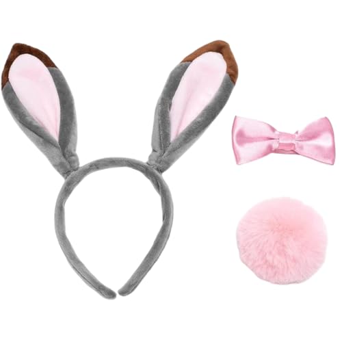 FIRSTXIU Kaninchen Kostüm Set Plüsch Kaninchen Ohren Haarbänder Ohren Stirnbänder Bowtie Tail Set Haar Hoop Stirnbänder Heck Hoop Cosplays von FIRSTXIU