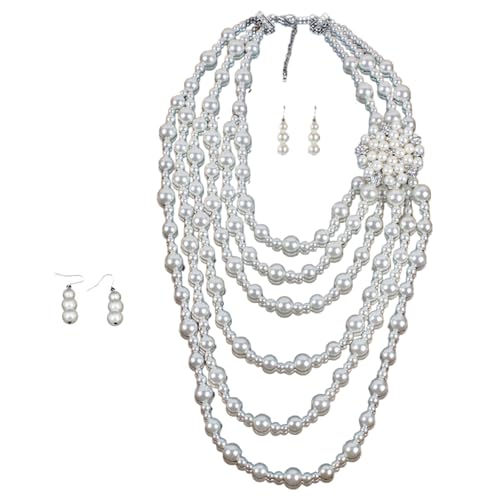 FIRSTXIU Mehrschichtige Imitation Perlen Halskette Perlen Drop Ohrring Set Stylish Schmuckset Geeignet Für Besondere Anlässe Mode Frauen Schmuck von FIRSTXIU