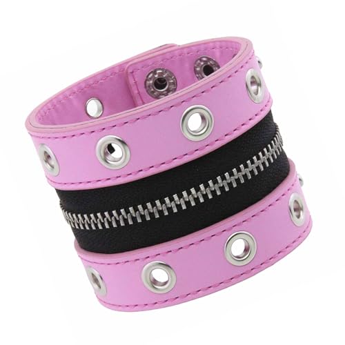 FIRSTXIU Moderne Breite Unisex Handgefertigte Armband Mit Kantigem Reißverschluss Und Punkstilen Metall Studs Weites Reißverschluss Lederarmband von FIRSTXIU