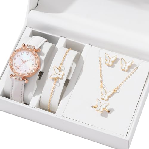 FIRSTXIU Passende Uhrenschmuck Set Halskette Armband Ringe Ohrringe Moderne Legierungszubehör Schmetterlingsbethema Alloy Fashion Set Women Mode Schmuck von FIRSTXIU