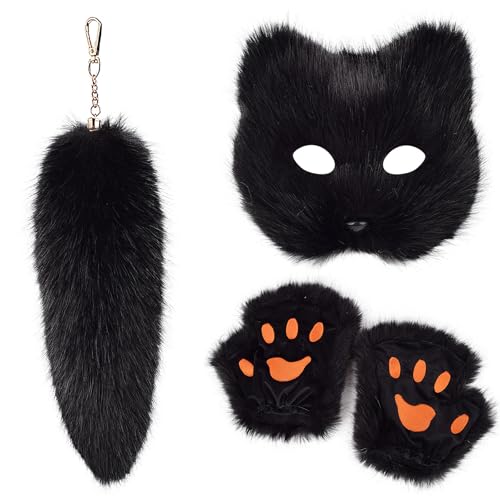 FIRSTXIU Schöne Foxes Cosplay Mode Accessoire Pack Mit Maskenstabil Und Handschuhen Dekoration Für Themenpartys Pelziger Schwanz Schlüsselbund von FIRSTXIU