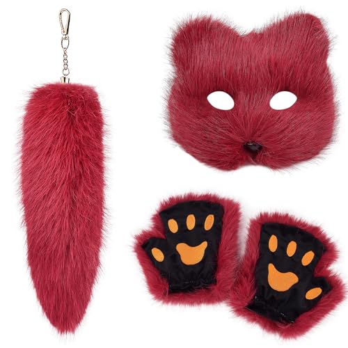 FIRSTXIU Schöne Foxes Cosplay Mode Accessoire Pack Mit Maskenstabil Und Handschuhen Dekoration Für Themenpartys Pelziger Schwanz Schlüsselbund von FIRSTXIU