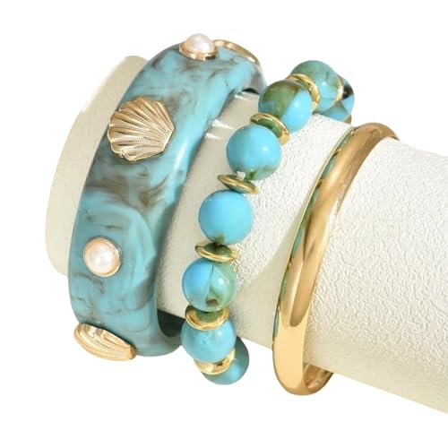 Packung 3PCS Sea Charm Stapeling Armreif Armbänder Mit Muschel Bequemer Harzschmuck Für Tägliche Kleidung Gewellte Muster Arm Süßigkeiten von FIRSTXIU