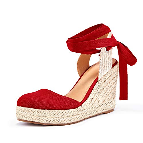 FISACE Damen Sommer Espadrille Absatz Plateau Keilsandalen Knöchelschnalle Riemen Geschlossene Zehen Schuhe, (2-rot), 38 EU von FISACE