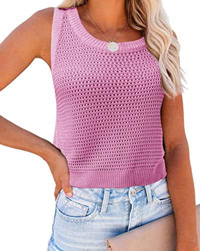 FISACE Damen Sommer Strickpullover Tank Tops Rundhals Häkeln Ausschnitt Ärmellos Casual Crop Shirt Kleidung, Helles Violett, Klein von FISACE