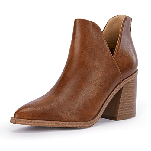 FISACE Damen Spitze Zehe gestapelt Mid Heel V Cut Back Reißverschluss Stiefeletten, Braun PU, 40.5 EU von FISACE