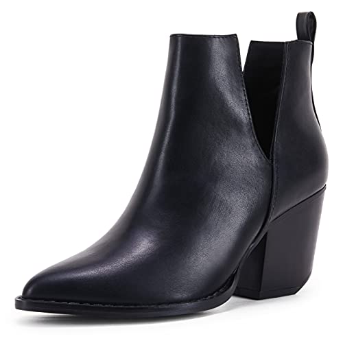 FISACE Damen Spitze Zehe gestapelt Mid Heel V Cut Back Reißverschluss Stiefeletten, Schwarz (Black Pu), 41 EU von FISACE