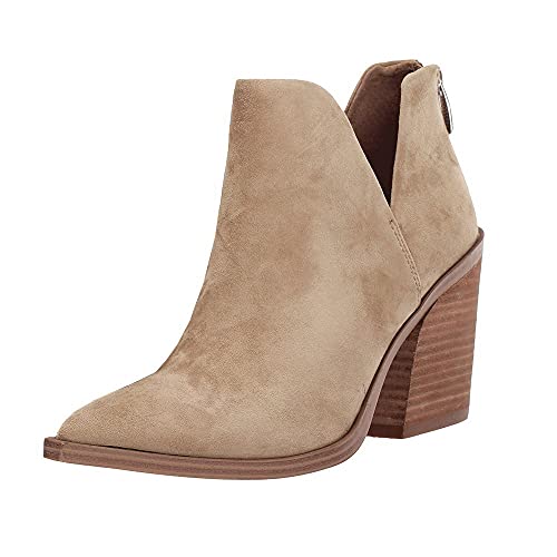 FISACE Damen Stiefeletten, spitzer Zehenbereich, gestapelt, mittelhoher Absatz, V-Ausschnitt, Reißverschluss hinten, Kunstleder-Stiefeletten, (Hautfarben - Nude Suede), 38 EU von FISACE