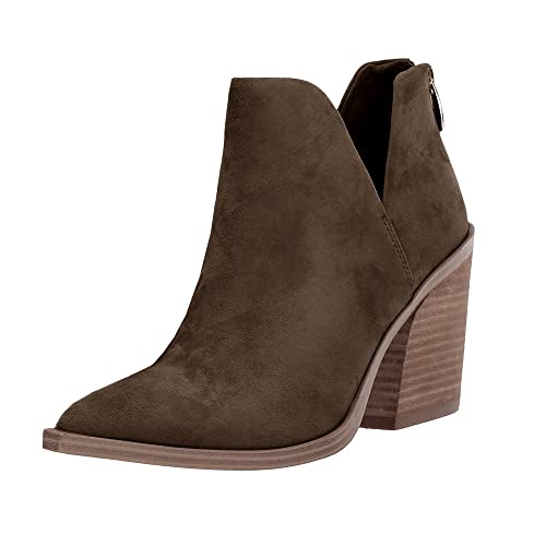 FISACE Damen-Stiefeletten mit spitzem Zehenbereich, gestapelt, mittelhoher Absatz, V-Ausschnitt, Reißverschluss, Kunstleder, Veloursleder in Kaffeebraun, 40.5 EU von FISACE