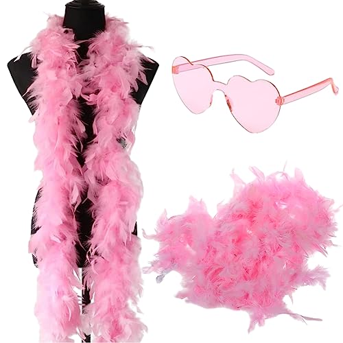 Modischer Federboa, Flauschige Feder Boa für Damen Türkei Federn Schal für Damen Kostüm Requisiten mit Rosa Randlosen Herzbrille Für Cosplay, Karneval Party,Bühnenshows, Kostüm Party(200cm,Rosa) von FISAPBXC