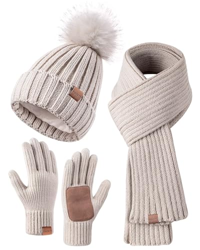 FISFET Mütze, Schal & Handschuh-Sets für Damen, Beanie Mütze Damen Winter mit Bommel Fleece Gefütterte, Touchscreen Handschuhe Schal Wärmer Mütze Damen 3 in 1 Set(Haferflocken) von FISFET