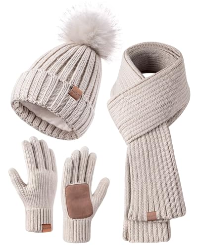FISFET Damen Winter 3-in-1 Set: Beanie Mütze mit Bommel, Fleece Gefütterter Schal & Touchscreen Handschuhe (Haferflocken) von FISFET