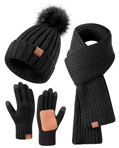 FISFET Mütze, Schal & Handschuh-Sets für Damen, Beanie Mütze Damen Winter mit Bommel Fleece Gefütterte, Touchscreen Handschuhe Schal Wärmer Mütze Damen 3 in 1 Geschenk Set(Schwarz) von FISFET