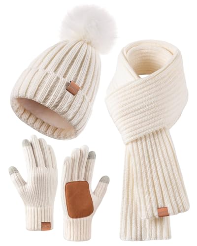 FISFET Mütze, Schal & Handschuh-Sets für Damen, Beanie Mütze Damen Winter mit Bommel Fleece Gefütterte, Touchscreen Handschuhe Schal Wärmer Mütze Damen 3 in 1 Set(Weiß) von FISFET