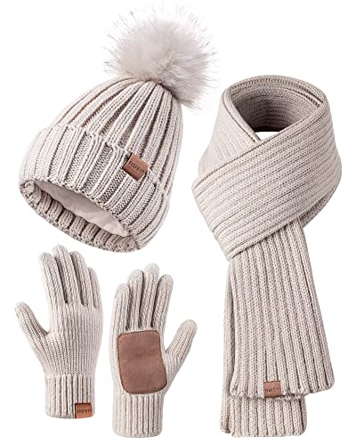 Winter-Set für Damen mit Mütze, Schal und Handschuhen, Mütze mit Bommel, langer Schal, Touchscreen-Handschuhe, 3-in-1-Set, Haferflocken (Oatmeal), Einheitsgröße von FISFET