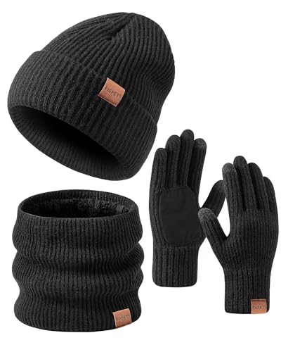 FISFET Mütze, Schal & Handschuh-Sets für Herren Damen, Strick Gefüttert Beanie Mütze Winter Touchscreen Handschuhe Schal Wärmer für Kaltes Wetter 3-in-1 Geschenkset für den Winter(Kohlen Schwarz) von FISFET