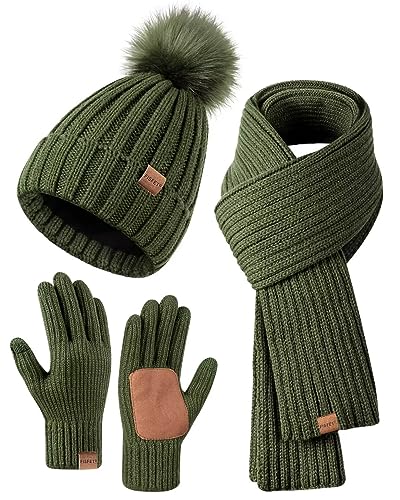 Winter-Set für Damen mit Mütze, Schal und Handschuhen, Mütze mit Bommel, langer Schal, Touchscreen-Handschuhe, 3-in-1-Set, Grün , Einheitsgröße von FISFET