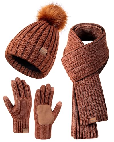 Winter-Set für Damen mit Mütze, Schal und Handschuhen, Mütze mit Bommel, langer Schal, Touchscreen-Handschuhe, 3-in-1-Set, dunkelorange, Einheitsgröße von FISFET