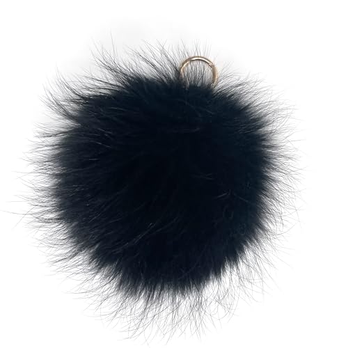 FISH IN THE SEA - Echtfell - Bommel - Schwarz mit silbernen Schlüsselring - XXL - 17-19cm - Premium - Fellbommel - Echtpelz - Pelzbommel - Taschenanhänger - Schlüsselanhänger von FISH IN THE SEA