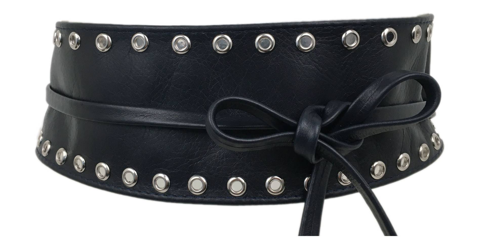 Fishinthesea - The Obi Gürtel Schwarz Nieten Wickelgürtel Echt Leder Taillengürtel Rindsleder Bindegürtel Länge 270 cm von FISHINTHESEAShop