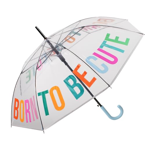FISURA Transparenter Regenschirm "born to be cute" mit mehrfarbigen Buchstaben. Automatischer Regenschirm mit Jugend-Knopf. Winddicht, robust, 103 cm Durchmesser. von FISURA