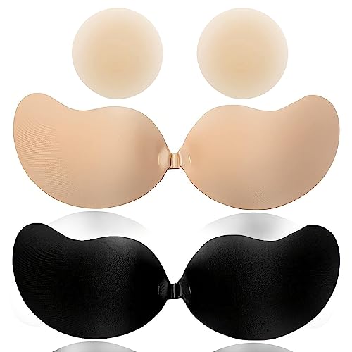 FITAVEN Klebe BH, Silikon Trägerloser Unsichtbarer, 2 Stück+1 Paar Rückenfrei Nippelpads Ultra dünn und Selbstklebende Nippel Cover Hautfreundliche Bras-B, M, Beige+black von FITAVEN