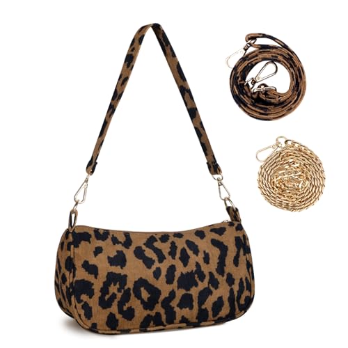 FITDON Handtasche Damen Klein Umhängetasche, Cord Hobo Bag Schultertasche Y2K Crossbody Bag Mini Retro Achsel Tasche mit 3 abnehmbaren Schultergurten, Leopard von FITDON