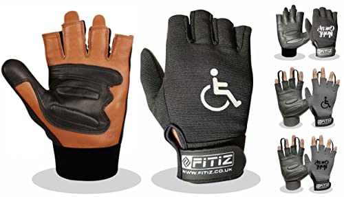 FITIZ Rollstuhlhandschuhe Echtleder Handflächenhandschuhe Mobilität Gepolsterte Handschuhe Atmungsaktiv, Fingerlose Fahrradhandschuhe mit Anti-Rutsch-Griff Leichte Fahrradhandschuhe (Schwarz, Large) von FITIZ