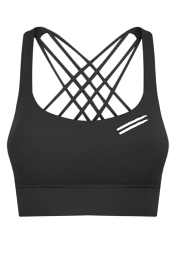 FITNESS4HAPPYNESS Damen Sport BH Schwarz - Oberteile Gekreuzt Für Yoga Gym Shirts Fitness Training Crop Top Bra (DE/NL/SE/PL, Alphanumerisch, L, Regular, Regular, Schwarz) von FITNESS4HAPPYNESS