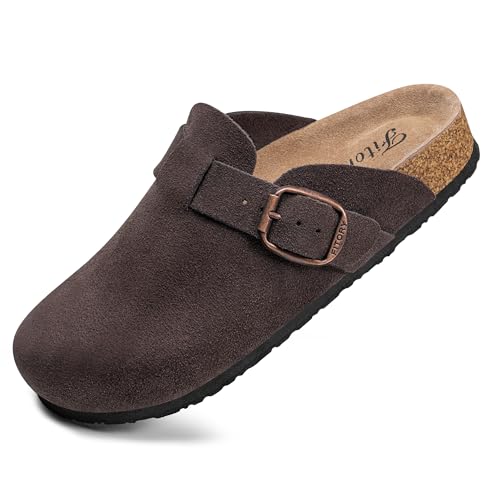 FITORY Damen Clogs Slip-on Potato Schuhe Leder Mule Spitze Wildleder Kork Innensohle Mokka Farbe Größe 36 von FITORY