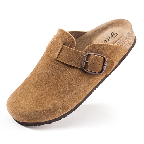 FITORY Damen Clogs Slip-on Potato Shoes Leder Mule Spitze Wildleder Kork Innensohle Braun Größe 42 von FITORY