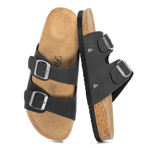 FITORY Damen Pantoletten mit Kork-Fußbett Leder Bequem Rutschfest Sandalen Frauen Sommer Latschen Schlappen Hausschuhe verstellbaren Riemen mattschwarz, Größe 37 von FITORY
