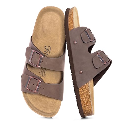 FITORY Damen Pantoletten mit Kork-Fußbett Leder Bequem Rutschfest Sandalen Frauen Sommer Latschen Schlappen Hausschuhe verstellbaren Riemen Größe 37-43 bräunlichgelb Größe 38 von FITORY