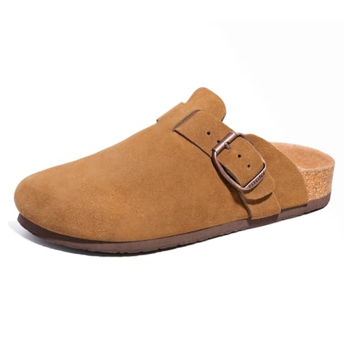 FITORY Herren-Clogs aus Wildleder Bequeme mit Fußgewölbeunterstützung geschlossen Hausschuhe mit Korkfuß Pantoletten Leder,Braun,Größe 44 von FITORY