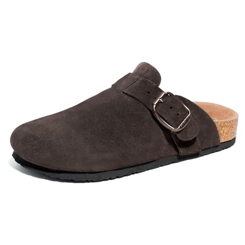 FITORY Herren-Clogs aus Wildleder Bequeme mit Fußgewölbeunterstützung geschlossen Hausschuhe mit Korkfuß Pantoletten Leder,Mokka,Größe 44 von FITORY
