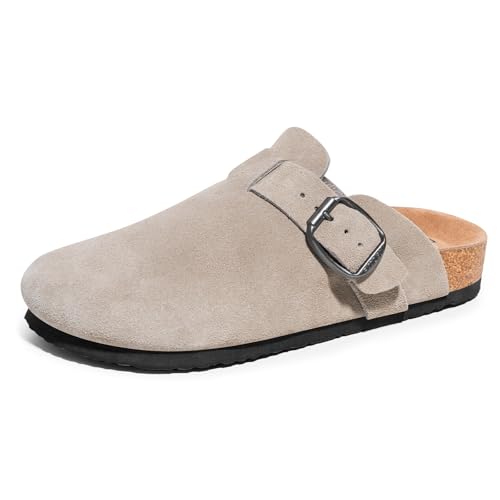 FITORY Herren-Clogs aus Wildleder Bequeme mit Fußgewölbeunterstützung geschlossen Hausschuhe mit Korkfuß Pantoletten Leder,Taupe,Größe 42 von FITORY