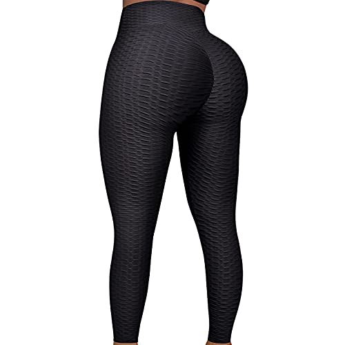 FITTOO Damen Honeycomb Anti Cellulite Leggings Booty Scrunch Hohe Taille Push Up Boom Booty Sport Leggings Stretch Gym Yogahosen Schwarze, S von FITTOO