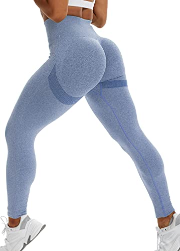 FITTOO Leggings Scrunch Butt Damen Seamless Hohe Taille Push Up Leggings Sport Slim Fit Booty Für Gym Yoga Fitness #1-Hellblau L von FITTOO