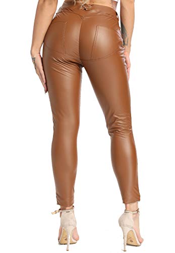 FITTOO Damen Lederhose PU Leder Latex Leggings Lederimität Jeggings Hohe Taille Leather Strumpfhose #2-Kahki XXL von FITTOO