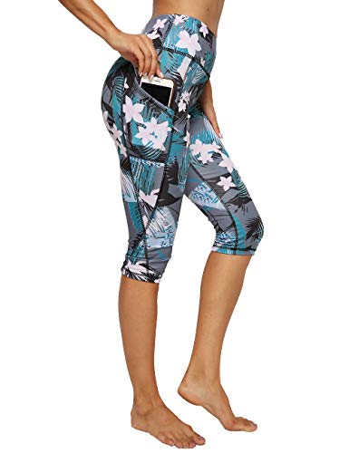 FITTOO Sport Leggings Damen mit Taschen，3/4 Capri Leggings Sporthose Damen Yogahose Kompressionsleggins Laufende Fitnesshose Leggings Blickdicht Floral drucken, S von FITTOO