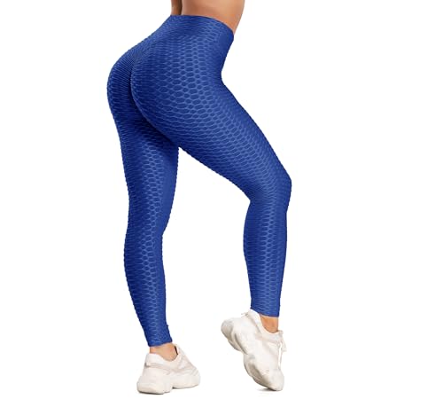 FITTOO Tiktok Damen Honeycomb Anti Cellulite Leggings Booty Scrunch Hohe Taille Push Up Boom Booty Sport Leggings Stretch Gym Yogahosen Blau, XL von FITTOO