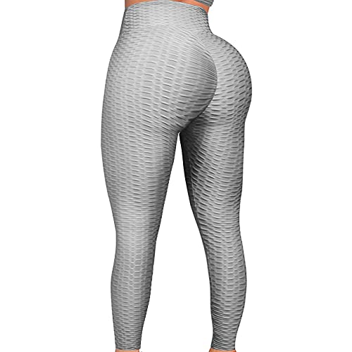 FITTOO Tiktok Damen Honeycomb Anti Cellulite Leggings Booty Scrunch Hohe Taille Push Up Boom Booty Sport Leggings Stretch Gym Yogahosen Grau, S von FITTOO