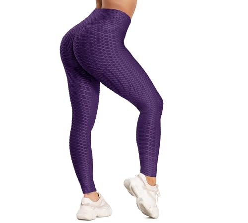 FITTOO Tiktok Damen Honeycomb Anti Cellulite Leggings Booty Scrunch Hohe Taille Push Up Boom Booty Sport Leggings Stretch Gym Yogahosen Lila, XXL von FITTOO