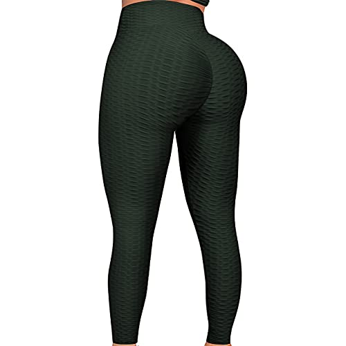 FITTOO Tiktok Damen Honeycomb Anti Cellulite Leggings Booty Scrunch Hohe Taille Push Up Boom Booty Sport Leggings Stretch Gym Yogahosen Oliv-grün, L von FITTOO