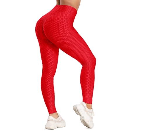 FITTOO Tiktok Damen Honeycomb Anti Cellulite Leggings Booty Scrunch Hohe Taille Push Up Boom Booty Sport Leggings Stretch Gym Yogahosen Rot, XL von FITTOO